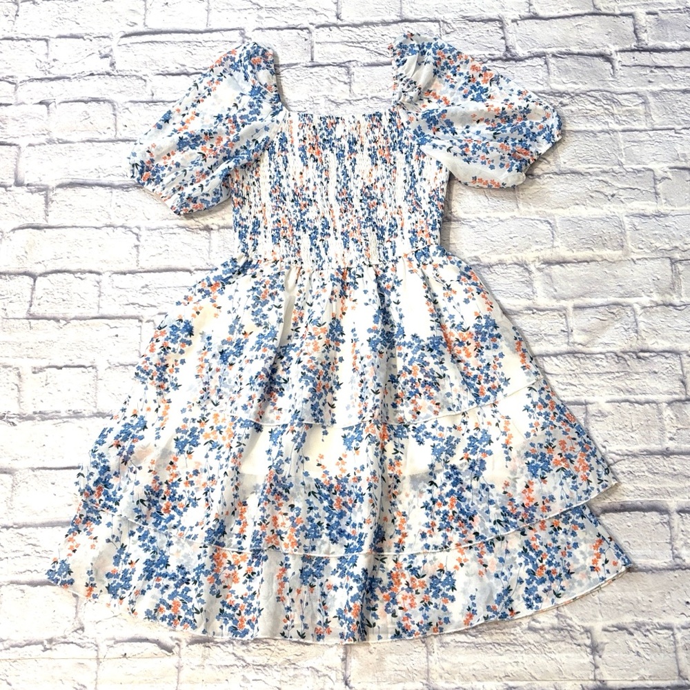 White Prairie Dress Blue Floral Print Short Sleeve Smocked Front Size S